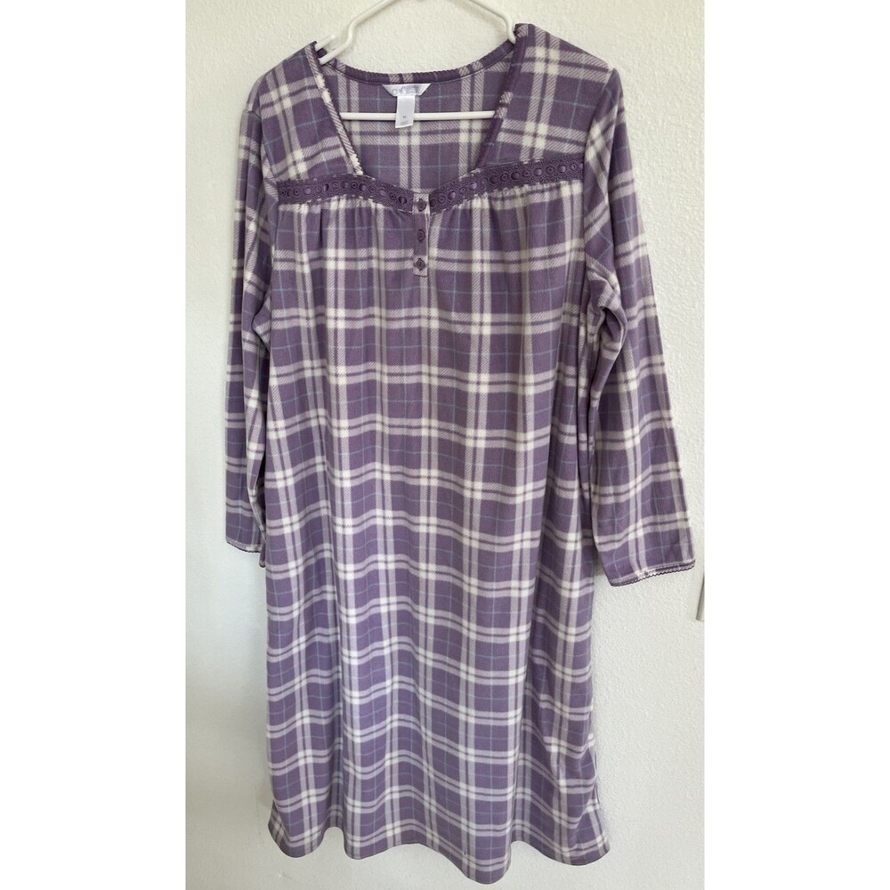 ADonna Sleepwear Womens XL  Purple Plaid Fleece Nightgown Lace Trim Henley Soft